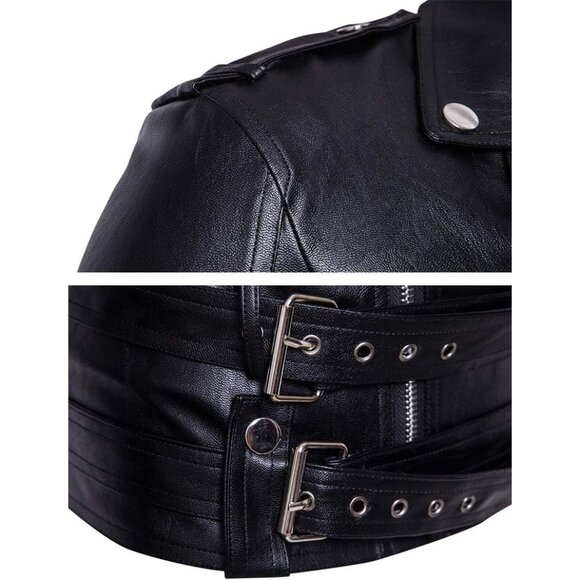 Men Black PU Leather Belted Motorcycle Jacket Zipper Biker Coat - Picture 5 of 6